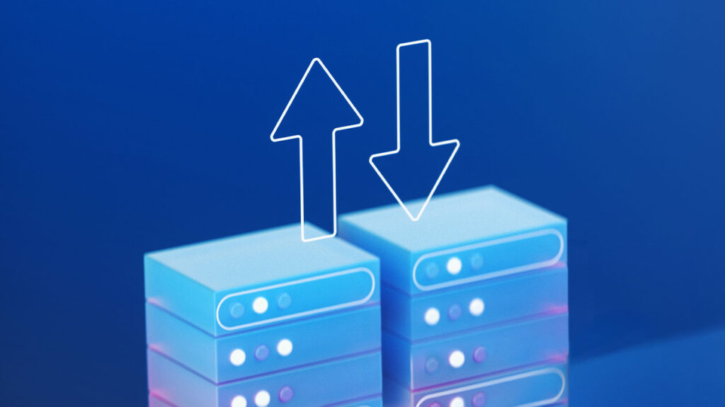 A blue computer servers with arrows pointing up