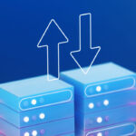 A blue computer servers with arrows pointing up