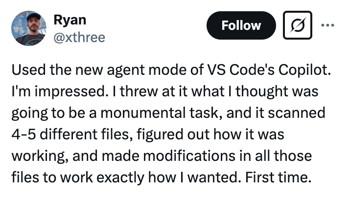 Tweet from Ryan '@xthree' that sounds' used a new VS Code's Co -Co -Cot mode. I'm impressed. I threw what I thought would be a monumental task, and scanned it 4-5 different, figurine, how it works, and in all these numbers he made adjustments to work exactly as I wanted. First. '